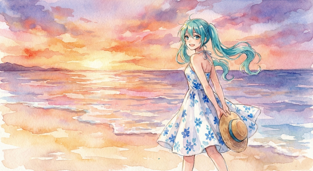 水彩画ミクさん　茜色と群青が溶け合う、波打ち際で