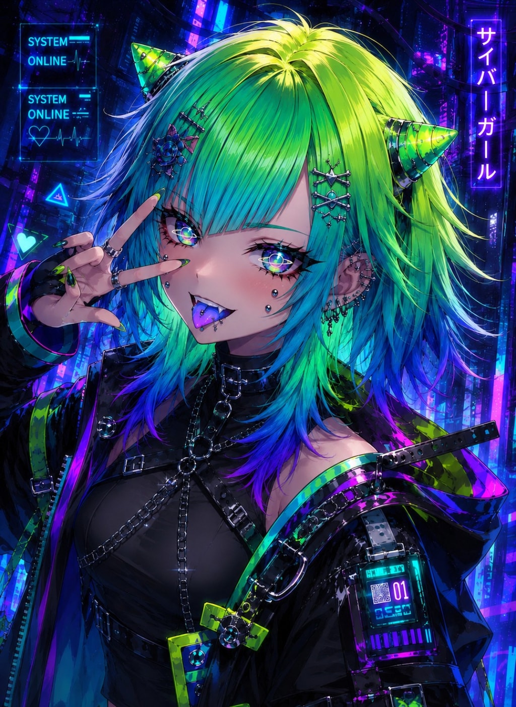緑のグラデーションカラーの髪の毛で青い舌の女の子
