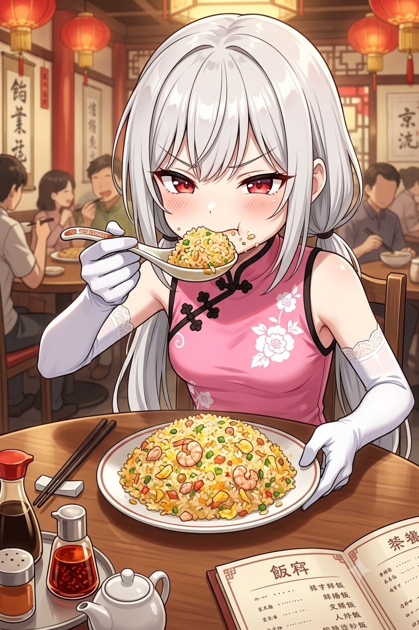 チャーハンにがっつくアイちゃん