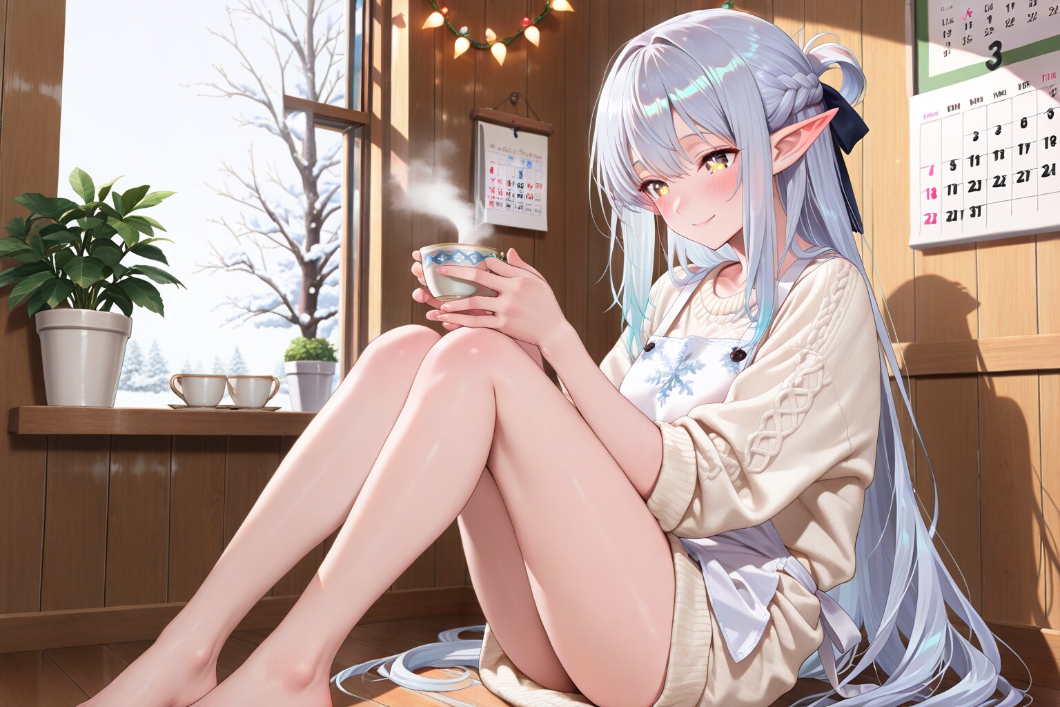 クリスマス後の大掃除が終わりホッと一息いれているエルフの女の子