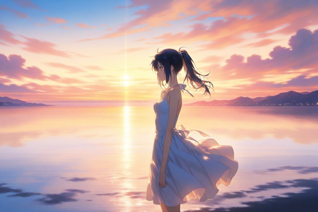 夕日のポニーテールの女の子