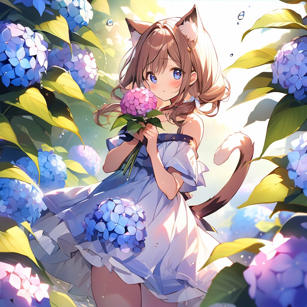 紫陽花に囲まれる少女