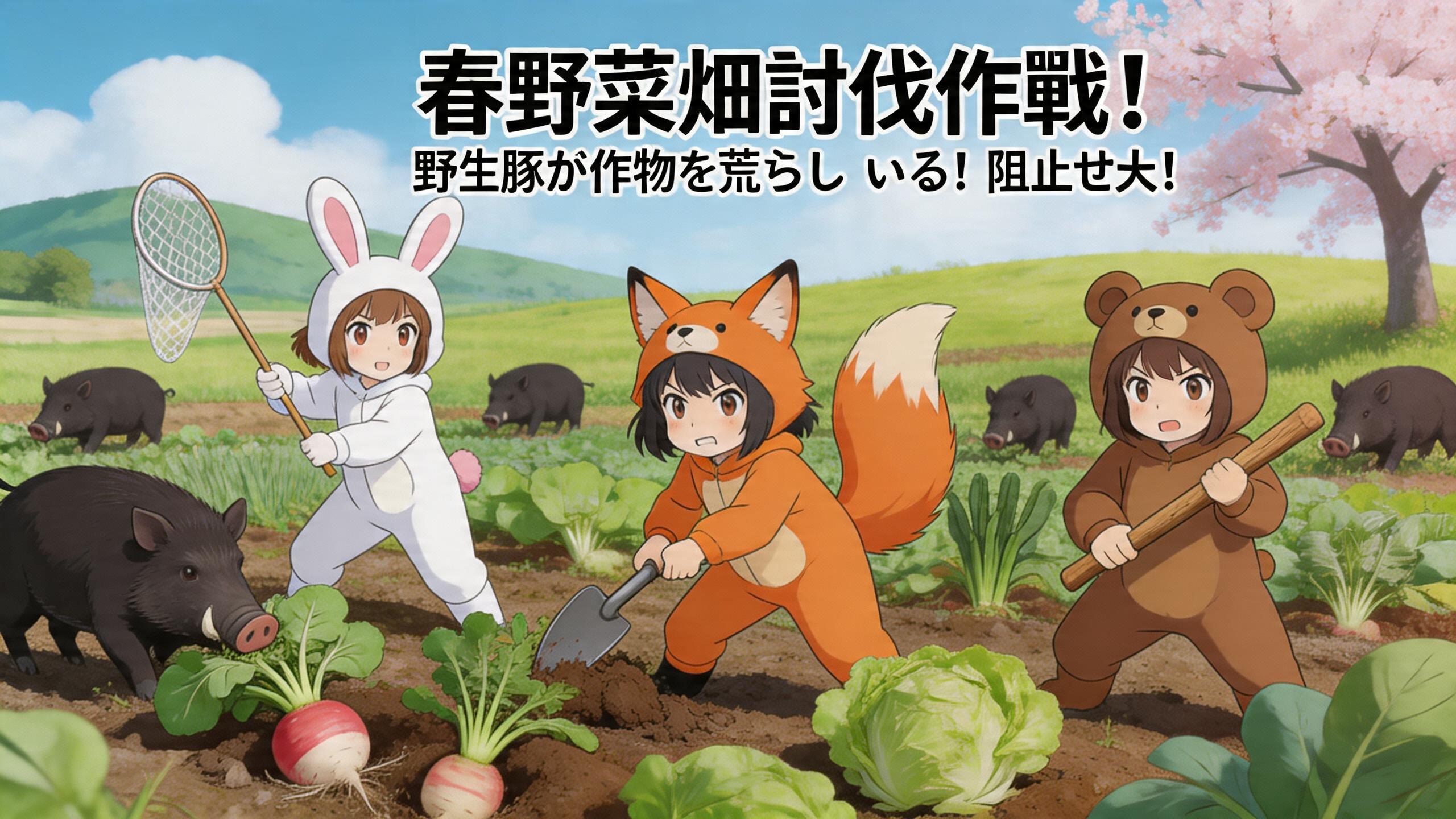 【All0426a2】春野菜が実った畑を調査しに来ると大量の野生の豚が畑の作物を食い散らかしていたので討伐することにした。（モデル: Seedream 5.0） | の人気AIイラスト・グラビア