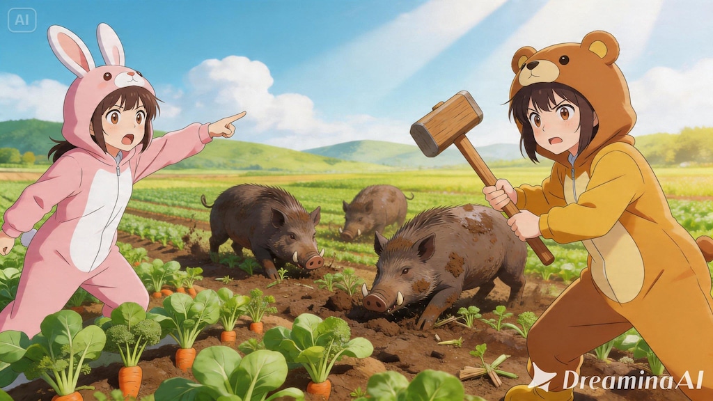 【All0426a2】春野菜が実った畑を調査しに来ると大量の野生の豚が畑の作物を食い散らかしていたので討伐することにした。（モデル: Seedream 5.0）