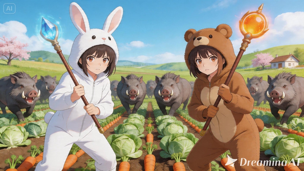 【All0426a2】春野菜が実った畑を調査しに来ると大量の野生の豚が畑の作物を食い散らかしていたので討伐することにした。（モデル: Seedream 5.0）