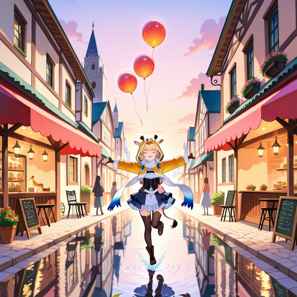 雨上がりの街並みの鏡面反射とアニマルフーディーちび子ちゃん