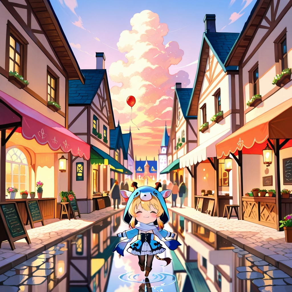 雨上がりの街並みの鏡面反射とアニマルフーディーちび子ちゃん | の人気AIイラスト・グラビア