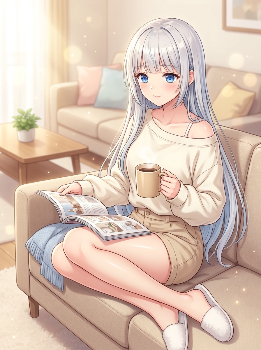 ソファで雑誌をめくる午後