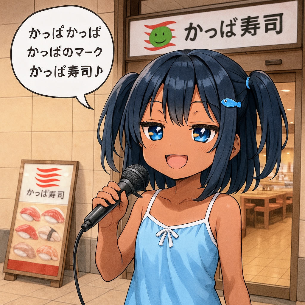 かっぱ寿司の入り口で歌うこなつちゃん