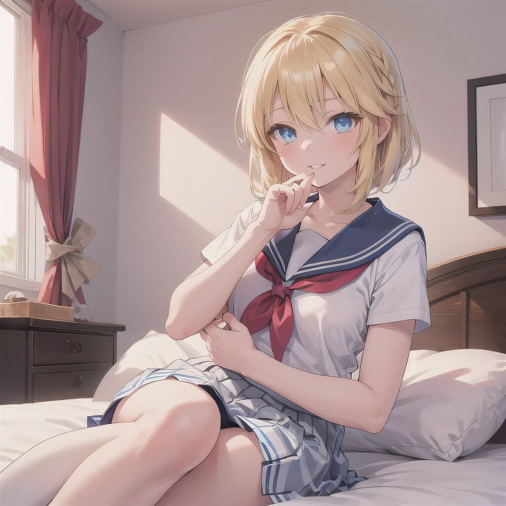 金髪ボブで寝室の少女