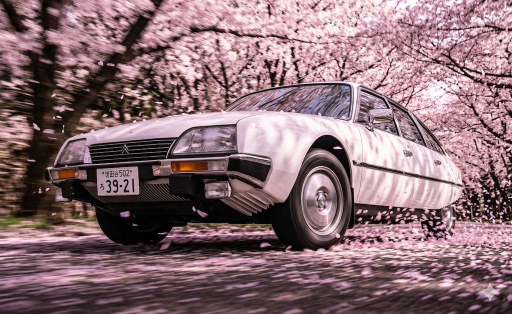 桜並木道を駆け抜けるシトロエンCX