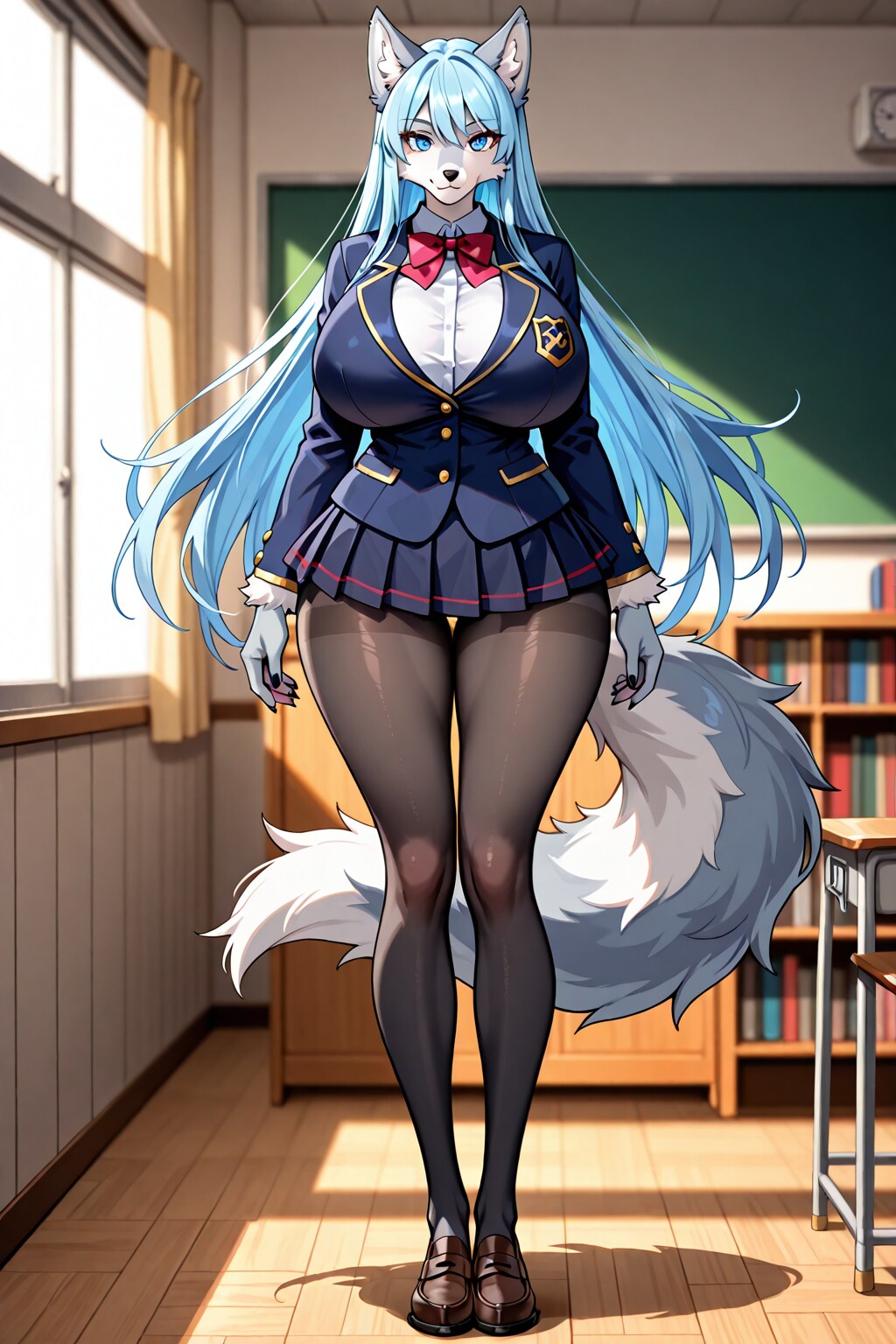 青髪ロングの狼娘　学生制服編