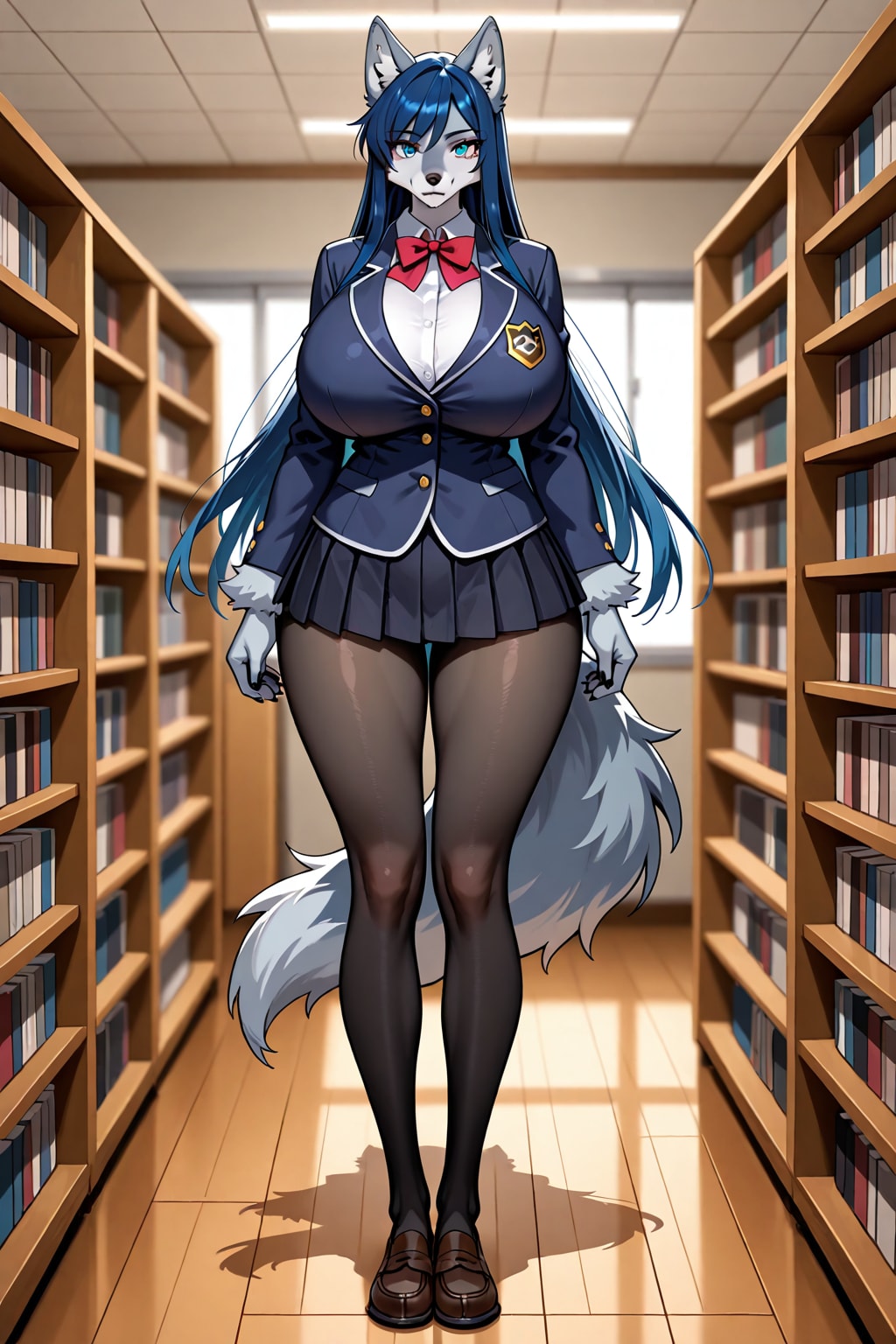 青髪ロングの狼娘　学生制服編