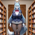 青髪ロングの狼娘　学生制服編 2枚目