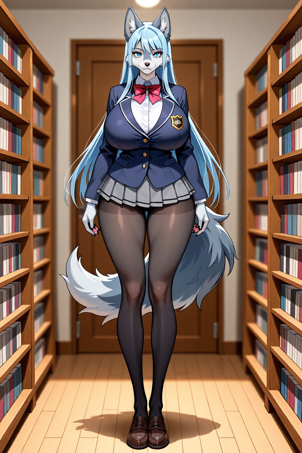 青髪ロングの狼娘　学生制服編