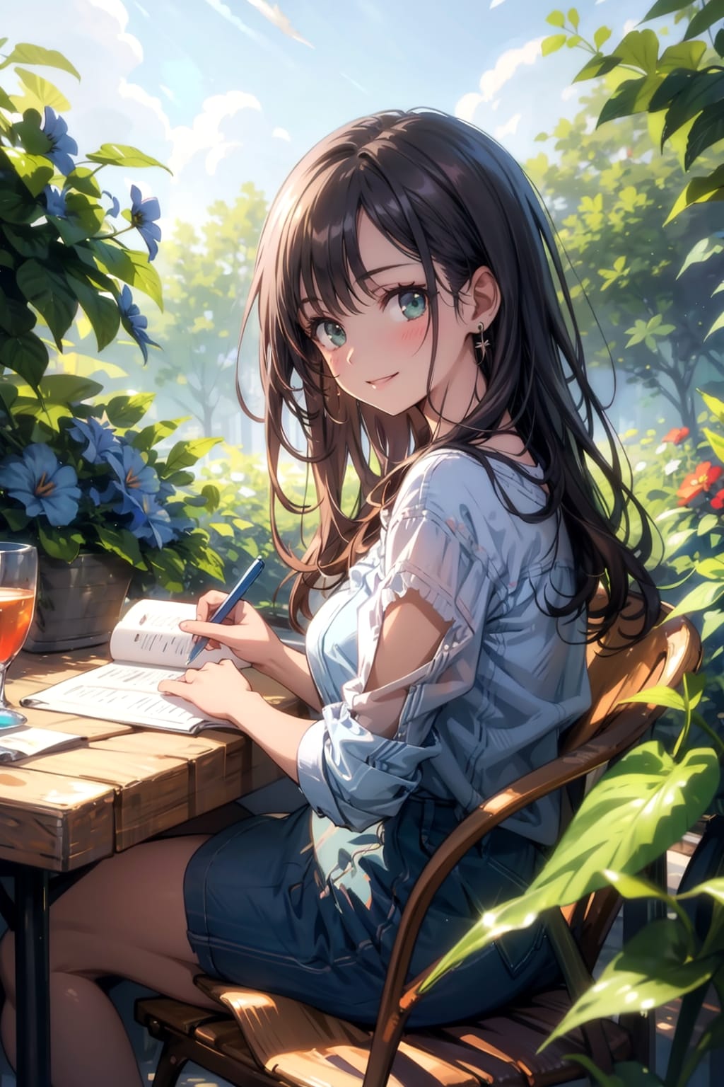自然の中で宿題をする彼女