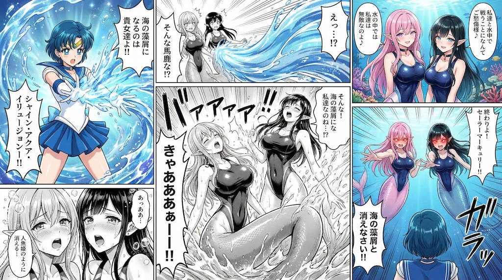 水中の激突💥マーキュリーVS水中戦用競泳水着女怪人（ドロイド）！・・いかに水中で自由自在に動けようと？水自体を操れるマーキュリーには敵わない💦