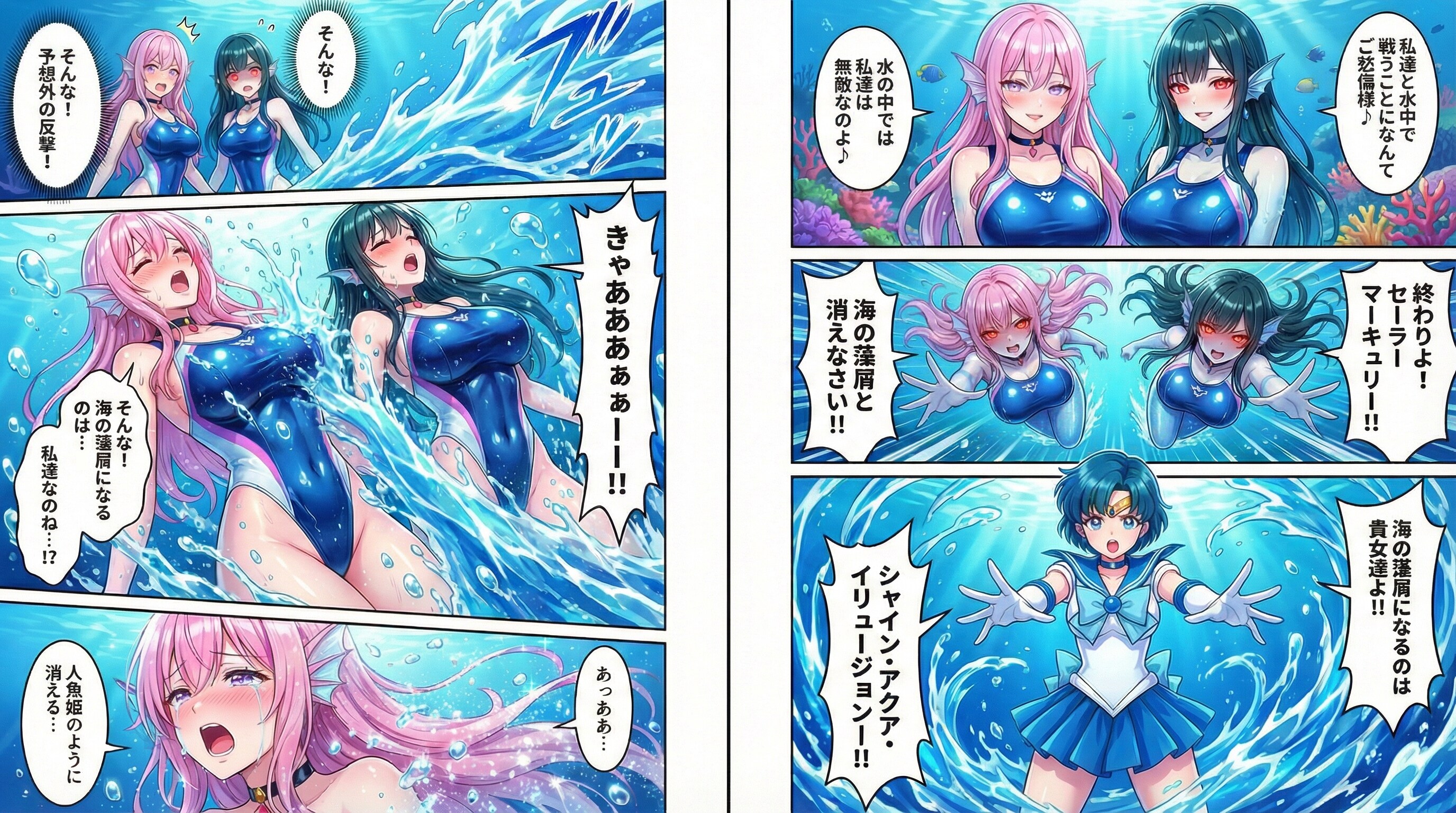 水中の激突💥マーキュリーVS水中戦用競泳水着女怪人（ドロイド）！・・いかに水中で自由自在に動けようと？水自体を操れるマーキュリーには敵わない💦