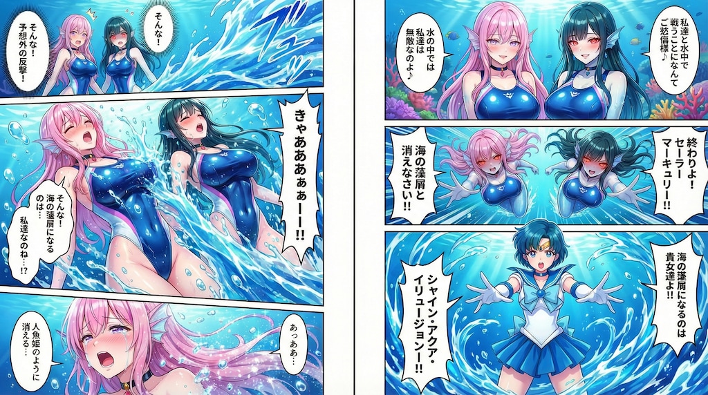 水中の激突💥マーキュリーVS水中戦用競泳水着女怪人（ドロイド）！・・いかに水中で自由自在に動けようと？水自体を操れるマーキュリーには敵わない💦