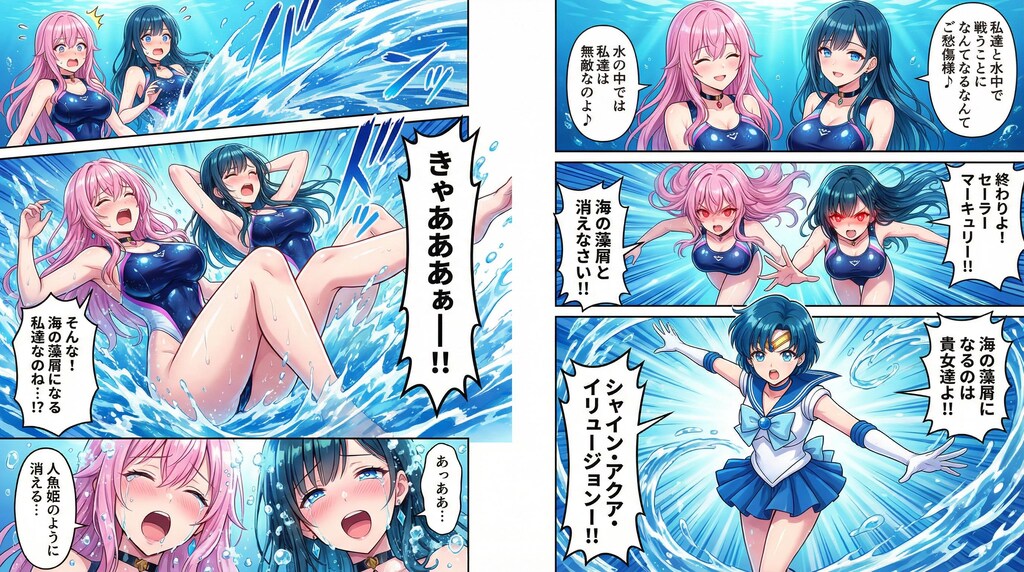 水中の激突💥マーキュリーVS水中戦用競泳水着女怪人（ドロイド）！・・いかに水中で自由自在に動けようと？水自体を操れるマーキュリーには敵わない💦