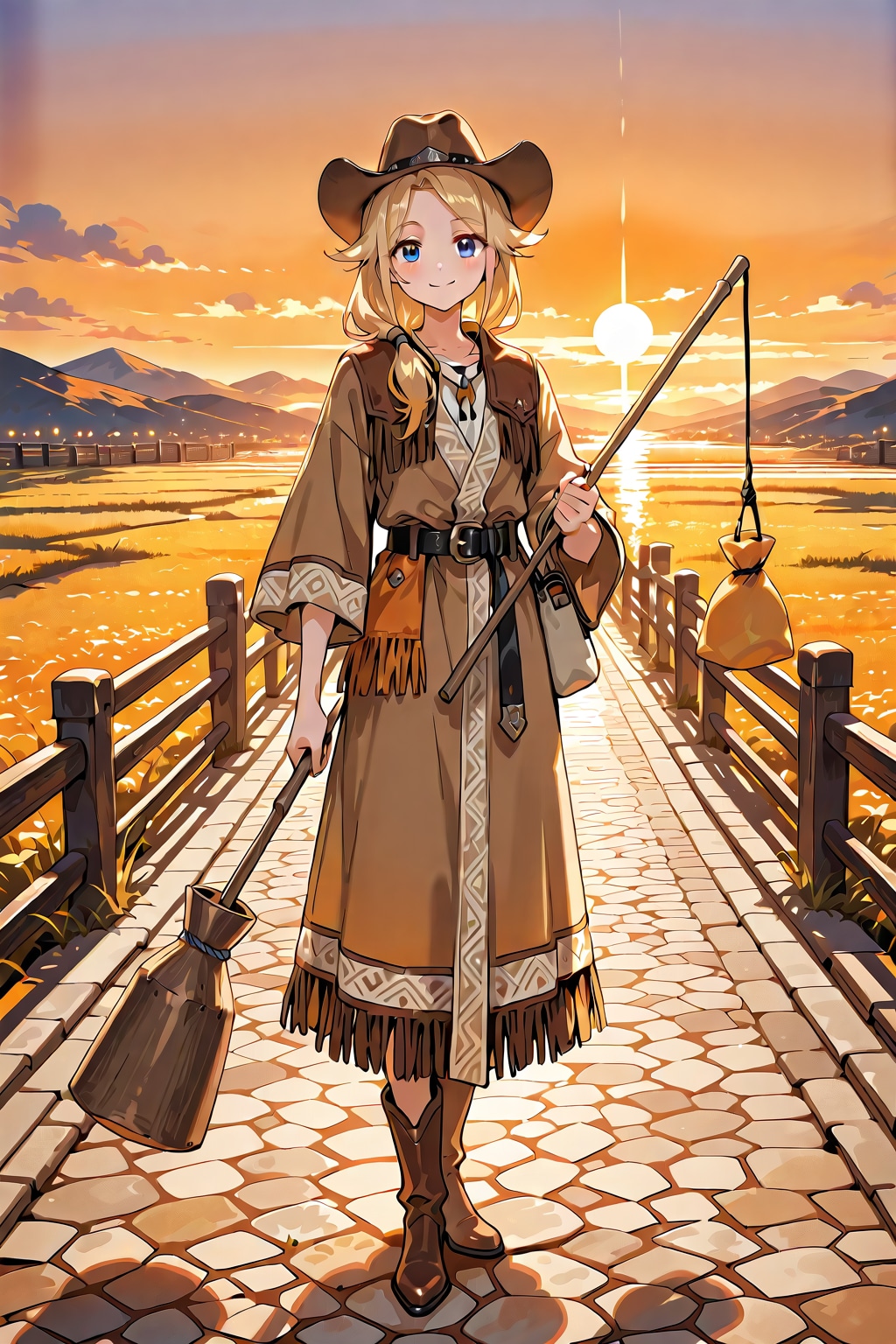 旅人が持つ、風呂敷包みみたいなものを吊るした棒 | の人気AIイラスト・グラビア