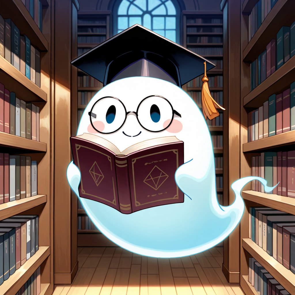 図書館で本を読むお化けさん