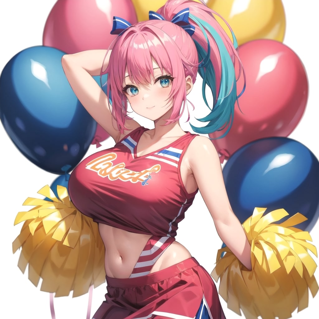 いっぱい色とりどりの風船を持つピンク髪ポニーテールのチアガール衣装着た美女