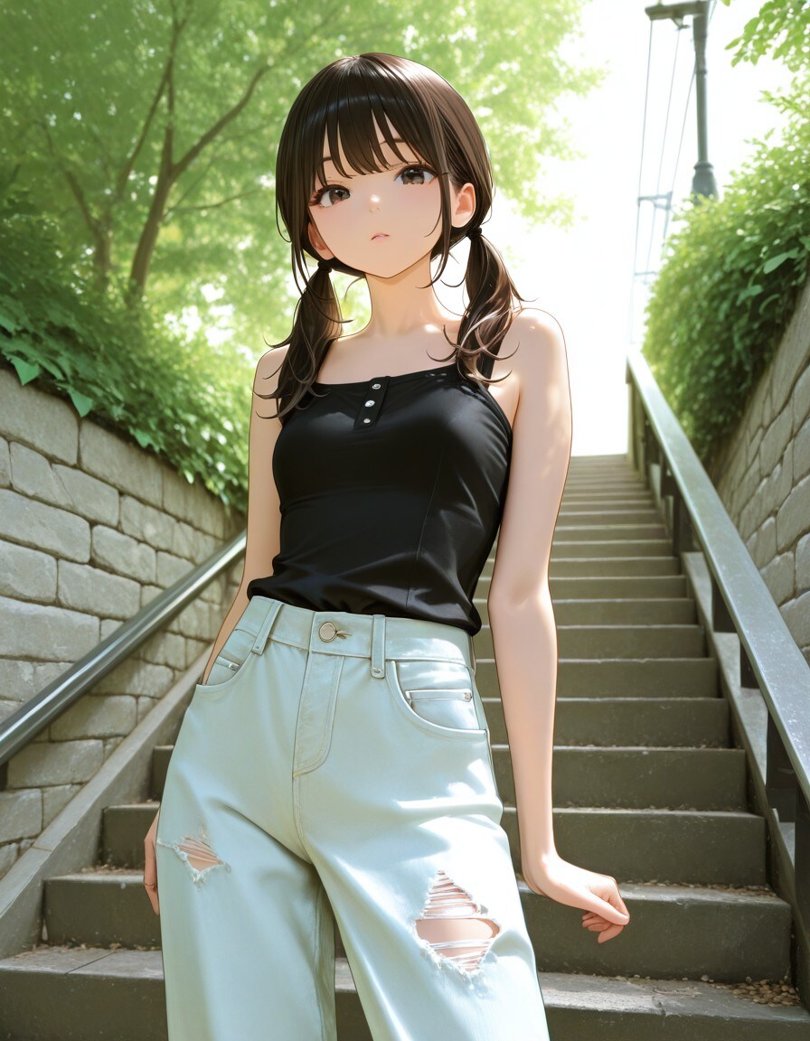 階段途中で待ち構える子