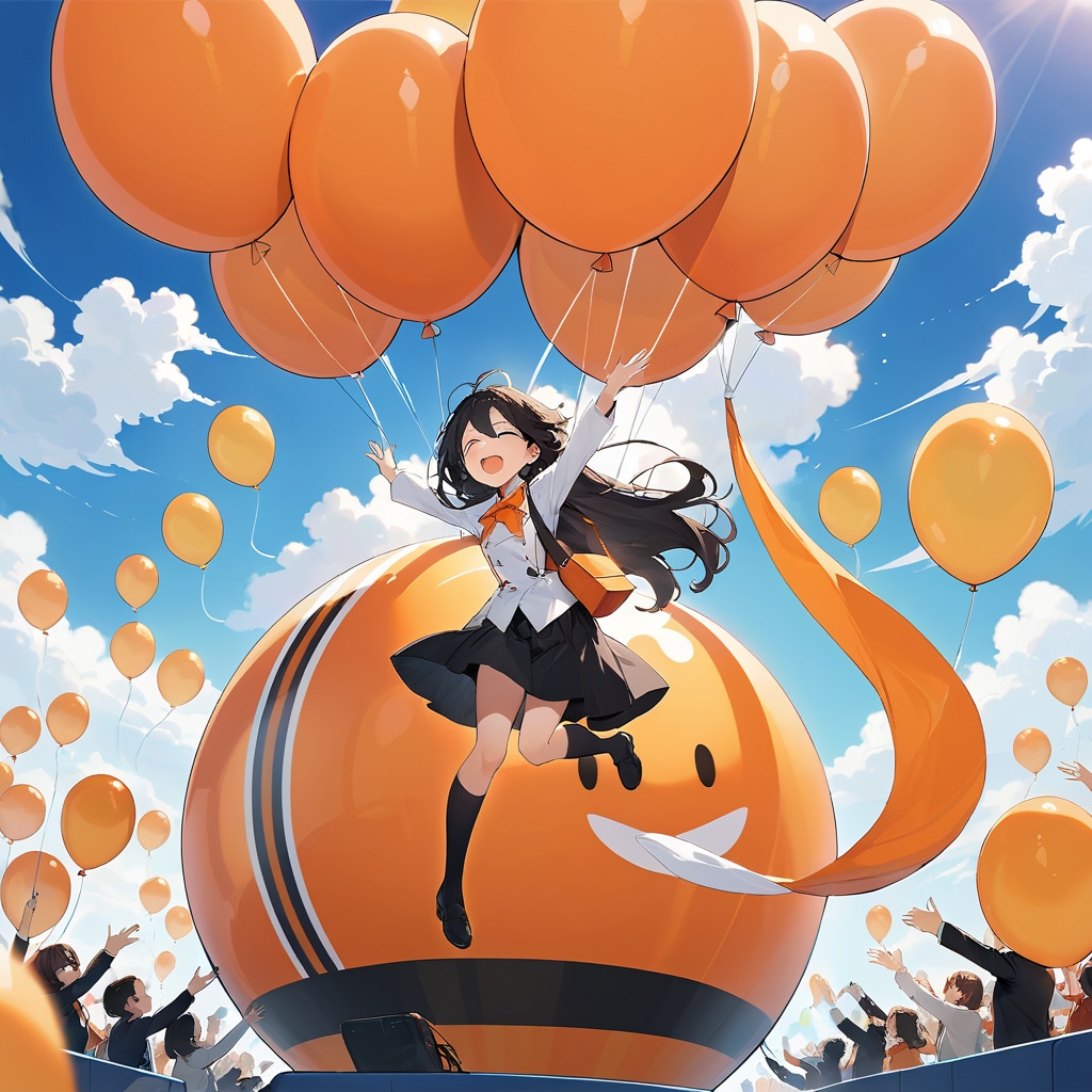 オレンジ色の風船で浮く美少女 | の人気AIイラスト・グラビア