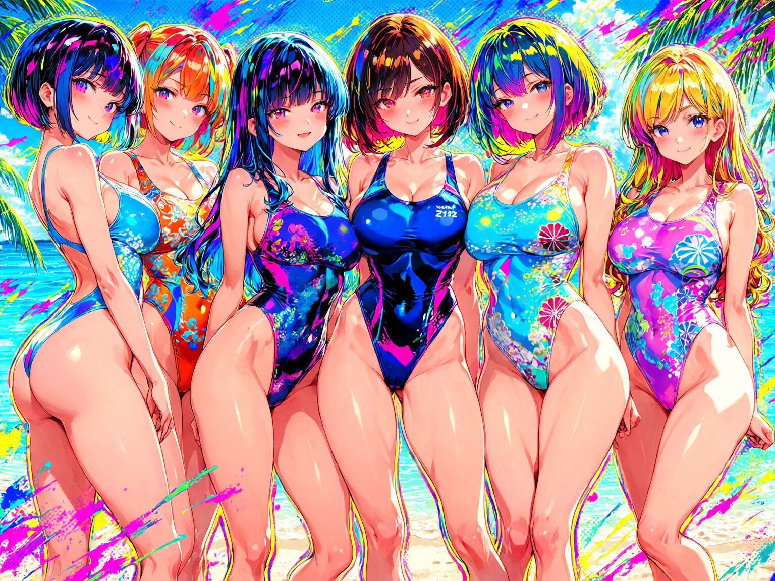 R-15要素が少しだけある？南国トロピカルカラフル🩷なハイレグ水着っ娘達😍💕