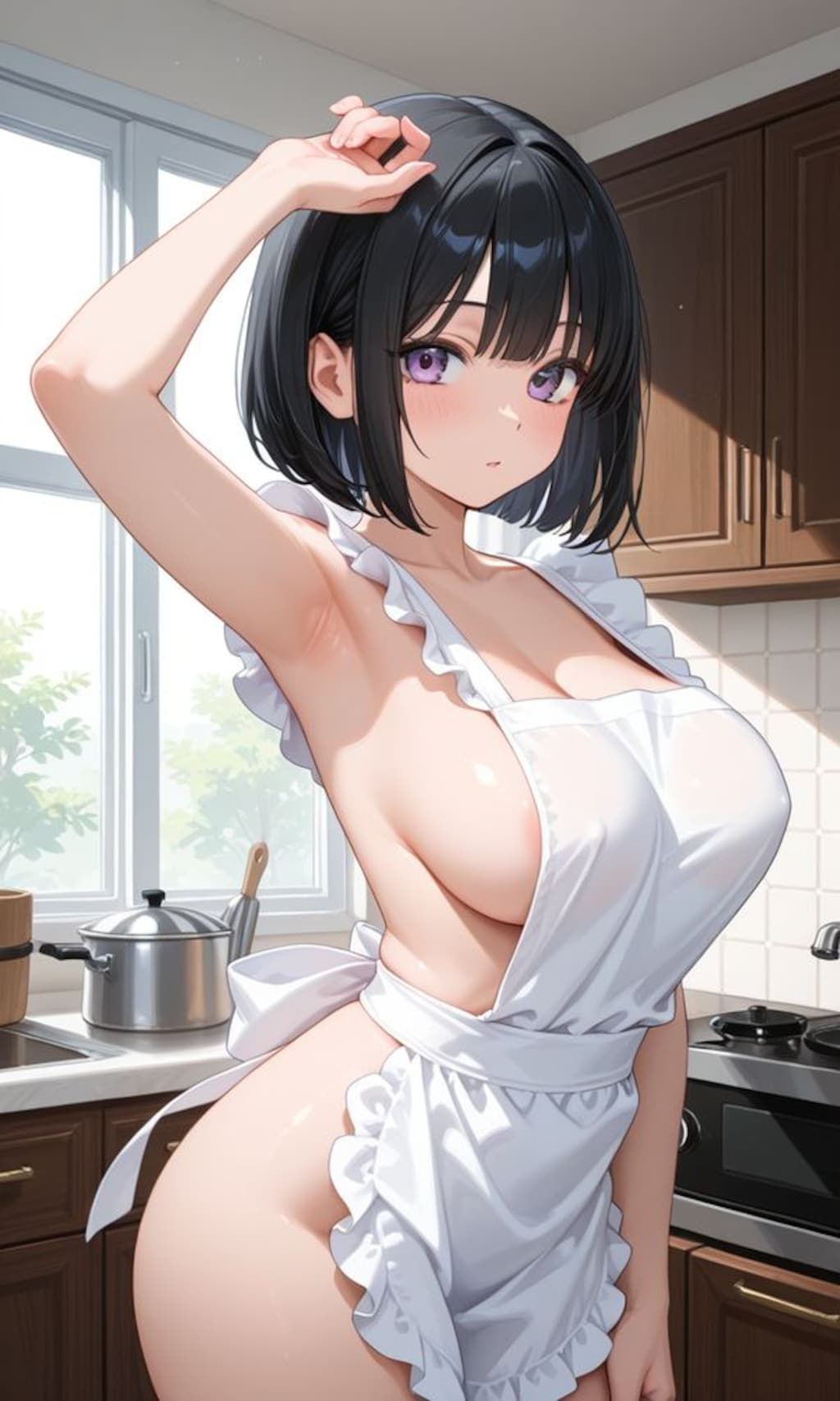 巨乳裸エプロンちゃんのワキ見せ！