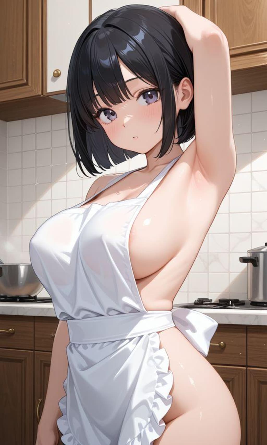 巨乳裸エプロンちゃんのワキ見せ！