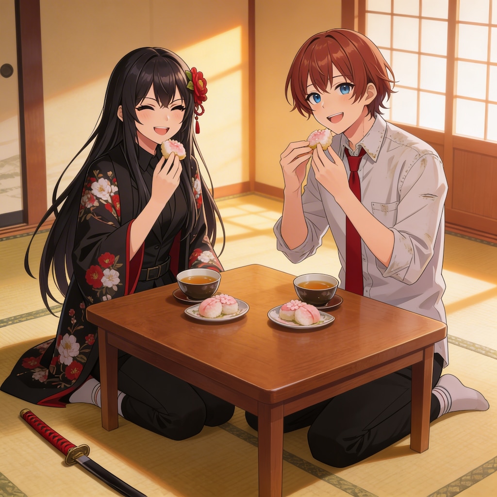 ツバキと桜餅を食べる