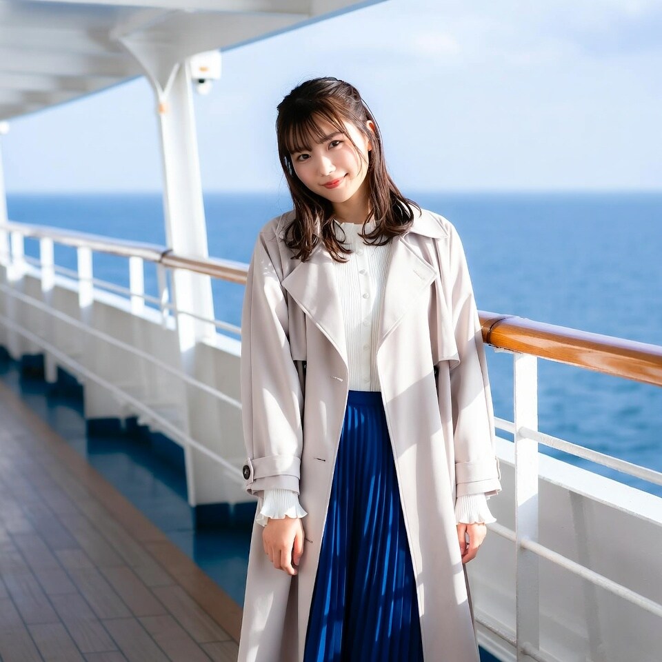 海風に髪をなびかせて、船上で優しい微笑み