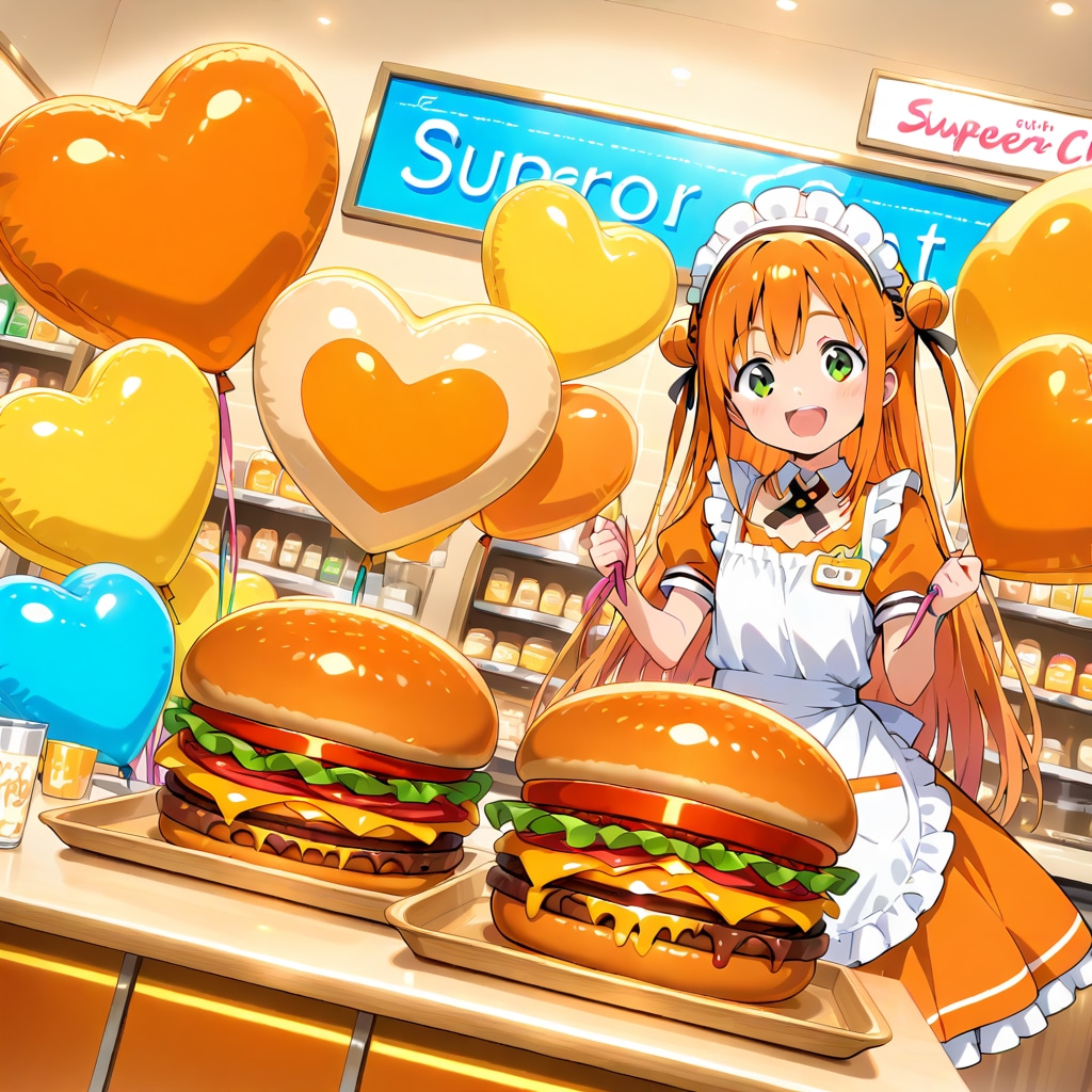 いっぱいハート風船を持つオレンジ髪ロングのハンバーガーショップの美女店員さん