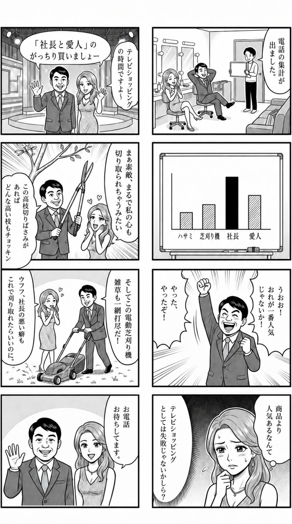 お笑い芸人「社長と愛人」のテレビショッピング（ジェミニ・チャットGPT）