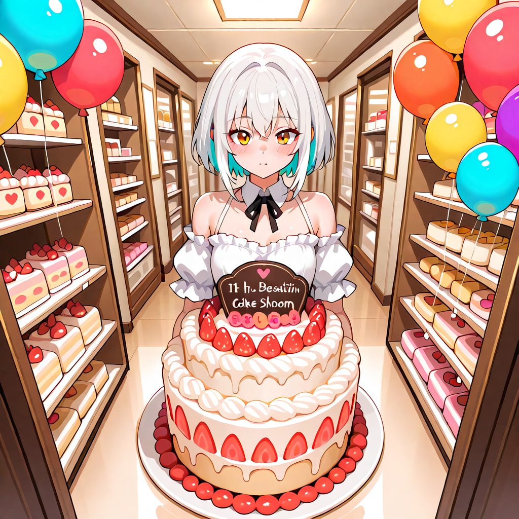 いっぱい色とりどりの風船を持つ白い髪ショートカットのケーキ屋さんの美女