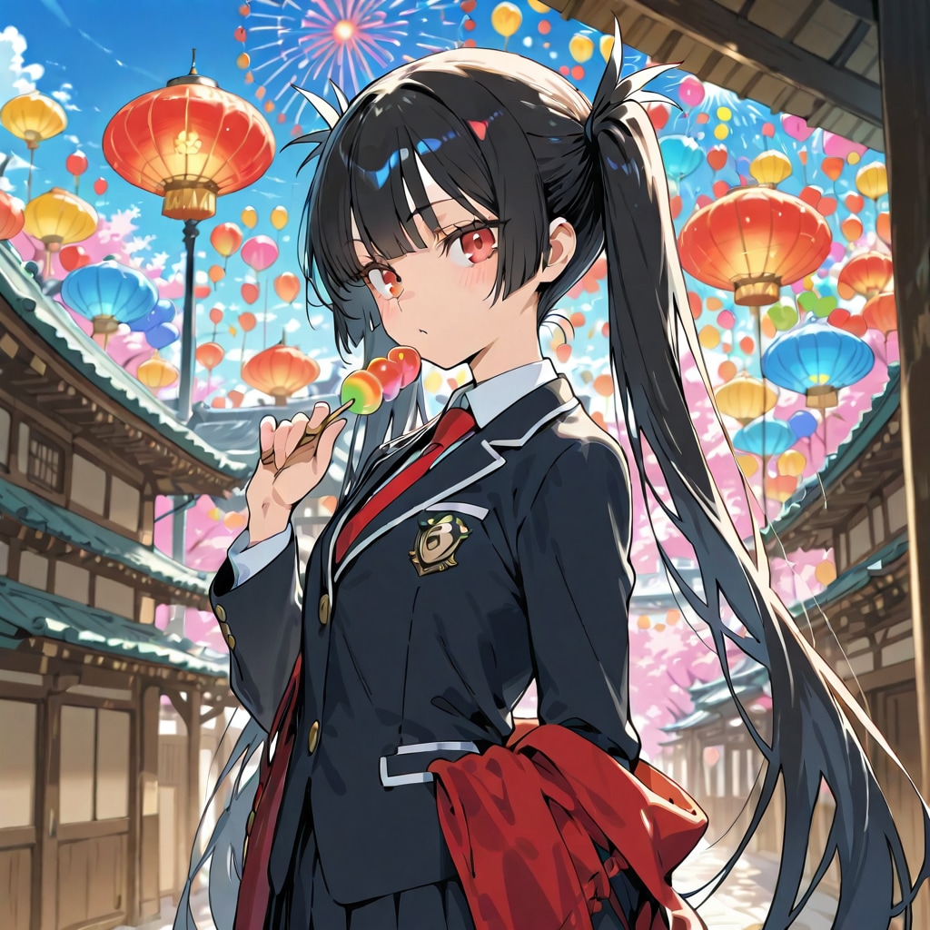 いっぱい色とりどりの風船を持つ黒髪ツインテールのブレザーの制服着た美少女