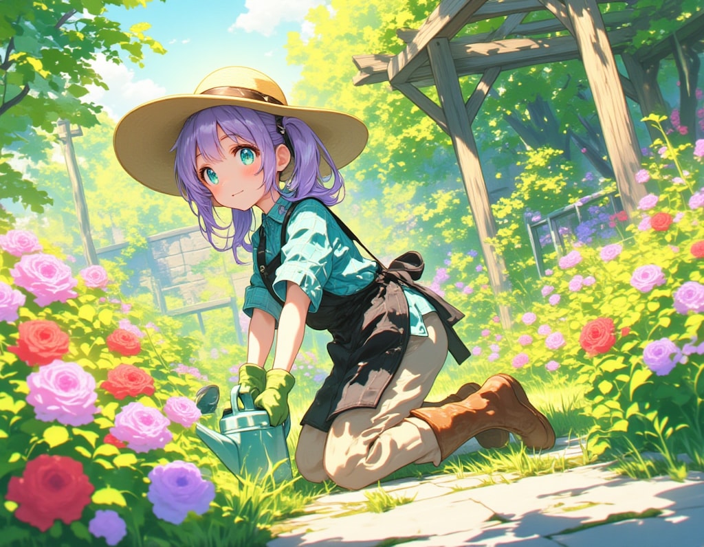 春の庭で微笑む赤髪少女