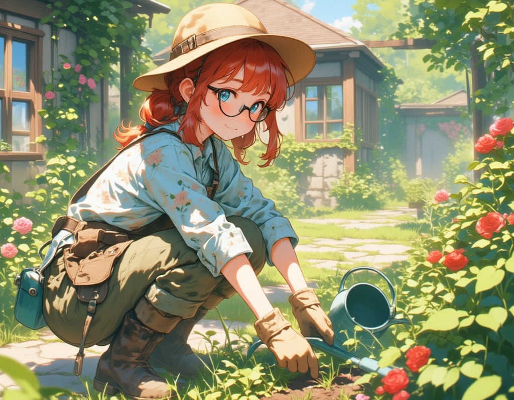 春の庭で微笑む赤髪少女