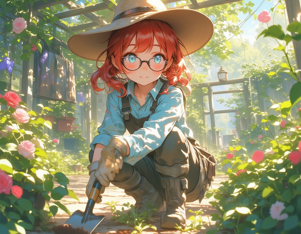 春の庭で微笑む赤髪少女