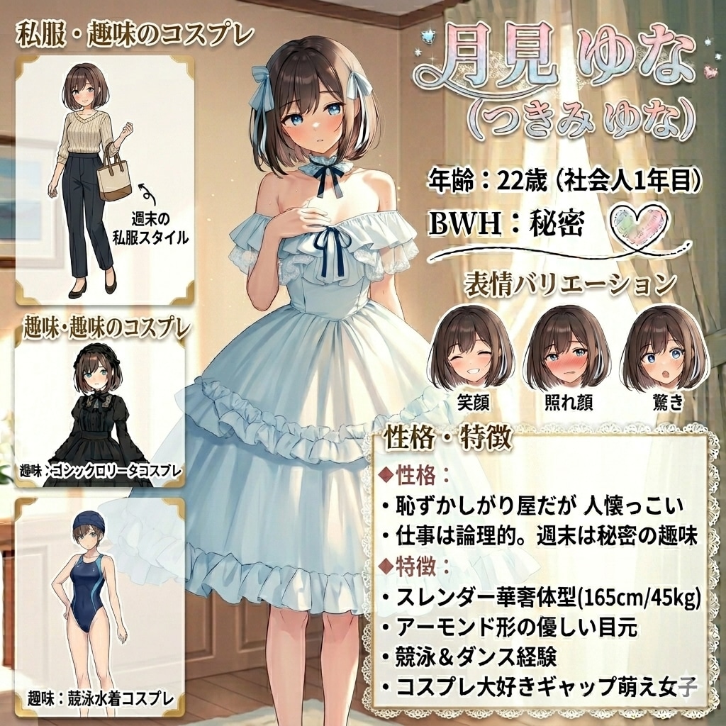 【ウチの子紹介】月見ゆなちゃんキャラクターシート♪【秘密のギャップ萌え女子】 | の人気AIイラスト・グラビア