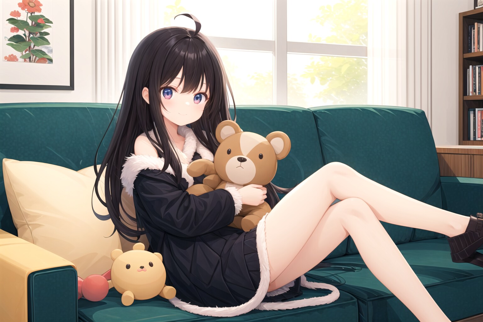 2枚] ぬいぐるみと黒髪少女 | の人気AIイラスト・グラビア