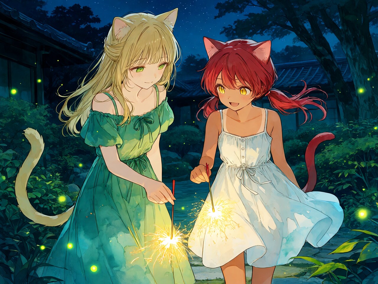 花火を楽しむ猫耳の女の子２ | の人気AIイラスト・グラビア