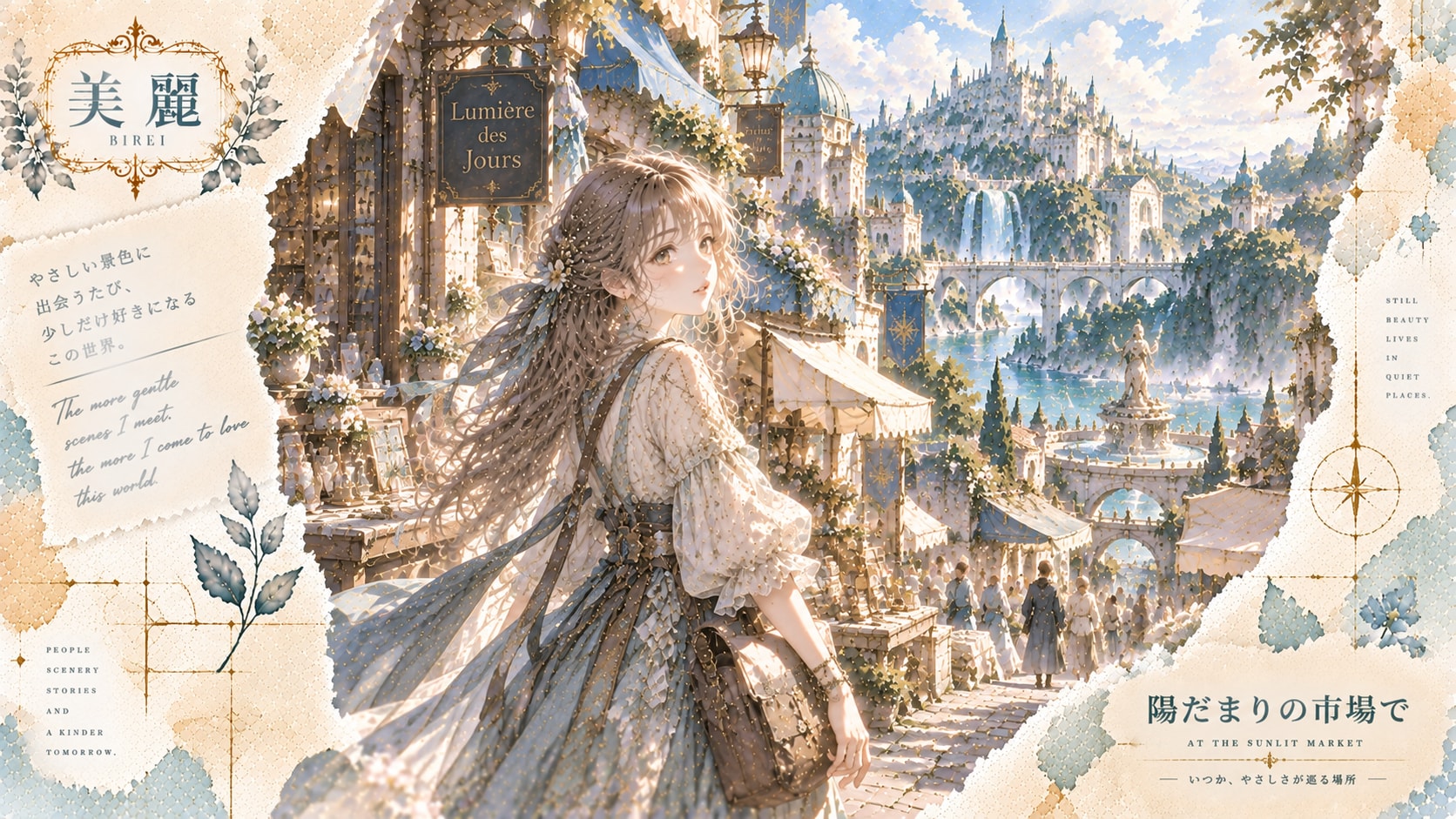 A quiet corner in a sunlit market town, a fountain and a castle shining beyond.  The more gentle sce | の人気AIイラスト・グラビア