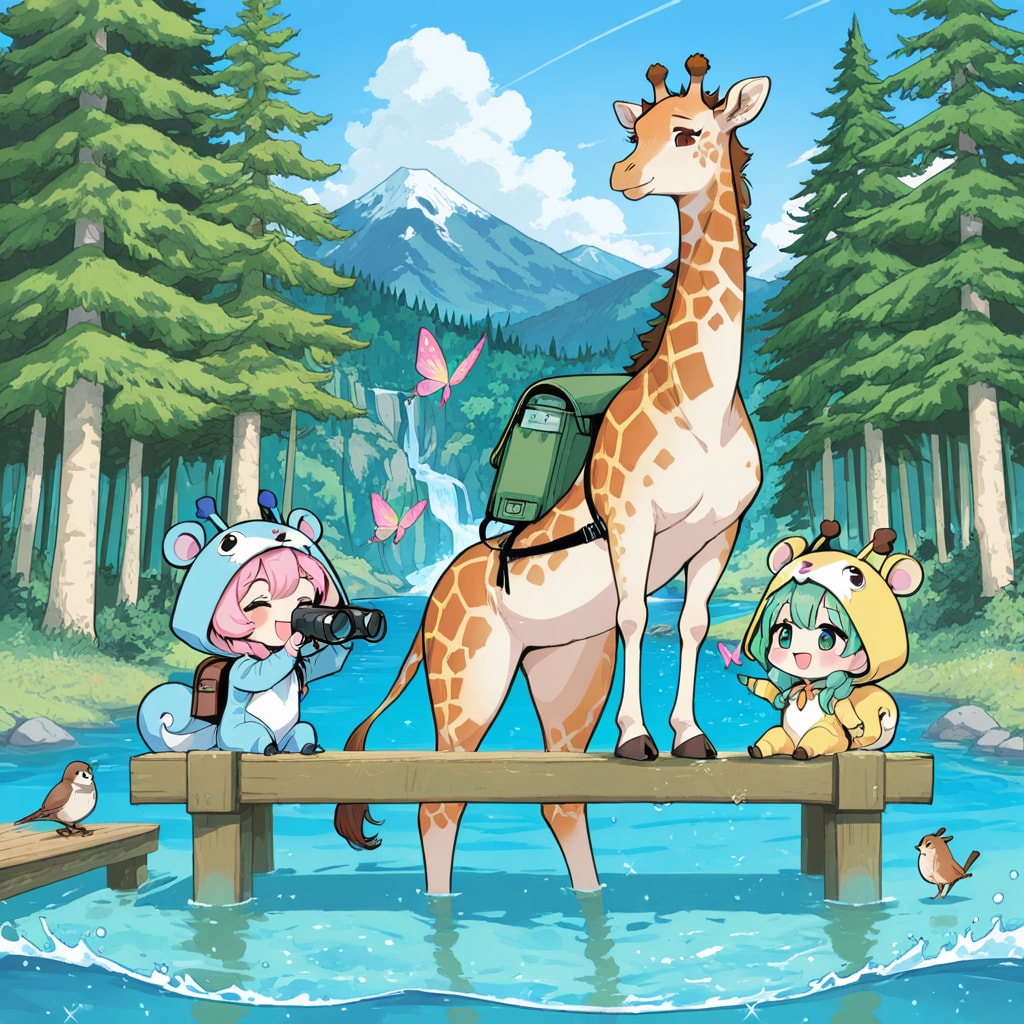 森の中で自然を堪能するキリン着ぐるみちび子ちゃんたち