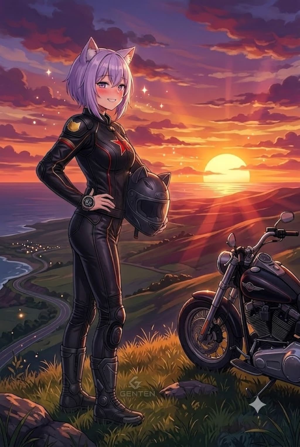 海と夕日とバイクとライダースーツのシス