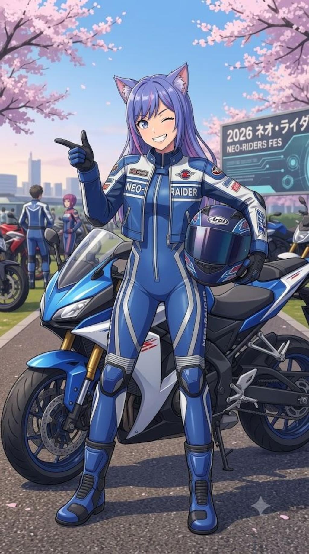 海と夕日とバイクとライダースーツのシス