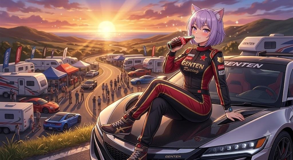 海と夕日とバイクとライダースーツのシス