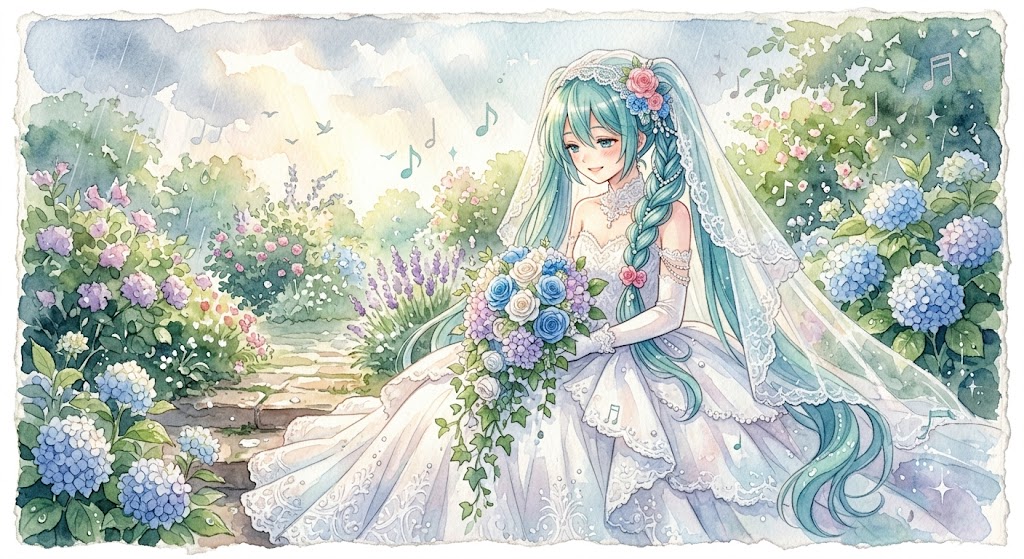水彩画ミクさん　ジューンブライド ミクさん